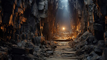 Dark Mine Tunnel, Cave With Rocks And Wood, Old Underground Passage