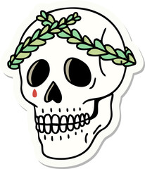 Wall Mural - sticker of tattoo in traditional style of a skull with laurel wreath crown