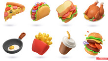 Fast Food 3d Cartoon Vector Icon Set