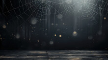 Spooky Web And Lights On Old Dark Grungy Wall Background On Halloween