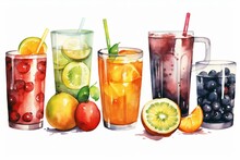 Watercolor Beverages In Various Cups, Including Tea, Juice, And Coffee. Generative AI