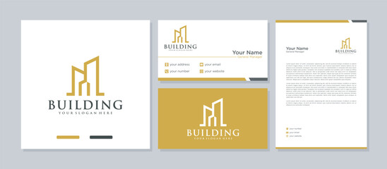 Building Logo Element Vector . Modern Real Estate Building Logo Vector with Business Card and Letterhead