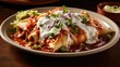Closeup of a tray of tender chicken enchiladas, filled with juicy shredded chicken, smothered in a vibrant and flavorful enchilada sauce, topped with melted cheese and served with a dollop