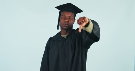 Sticker - Student, unhappy and disagree with thumbs down in studio on blue background for mockup of graduation. Black, person or man in disappointment for choice, decision or feedback of presentation with face