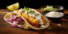 An Appetizing Food Shot Captures The Essence Of A Baja Fish Taco. The Perfectly Crispy Battered Fish Fillet, Topped With A Tangy Cabbage Slaw, Slices Of Fresh Avocado, And A Drizzle Of Creamy