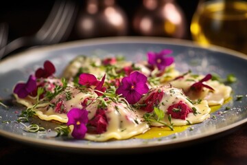 Wall Mural - An enticing shot capturing a platter of vibrant beetroot and goat cheese ravioli, surrounded by a zesty lemoninfused olive oil sauce, beautifully garnished with microgreens and edible flowers.