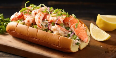 Wall Mural - A mouthwatering image showcasing a lobster roll served with a twist, as the lobster meat is elegantly blended with a tangy citrusinfused dressing, highlighted by a touch of fresh dill, enhancing