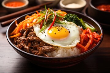 Wall Mural - Vibrant shot capturing a steaming bowl of bibimbap, a colorful medley of saut ed vegetables, marinated beef strips, and a perfectly fried sunnysideup egg, all nestled on a bed of fluffy