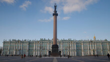 Low Angle View Of Palace Square And The Aleksandr Column, The Winter Palace. Action. Concept Of Architecture And History.