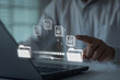 © THAWEERAT - Transfer file of data between folder on cloud, Migration, Share, Backup data, Exchange of file on folder. Document Management System. Hand touch on virtual digital document loading to another folder.