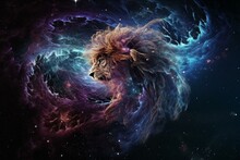 Detailed Lion-shaped Spiraling Galaxies And Iridescent Nebulae In Space. Generative AI