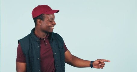 Sticker - Man, advertising and pointing to list for options, choice or selection against a studio background. Portrait of happy black male person show information, alert or notification on mockup space