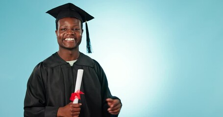 Canvas Print - Graduation, education and man point at college graduate info, college news or school checklist, plan or timeline. Diploma, studio portrait or student gesture at mockup space on a blue background