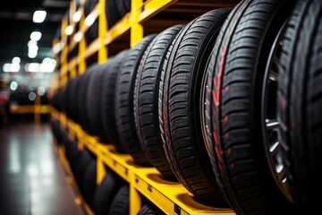 Poster - New car tires in stock. Background with selective focus and copy space