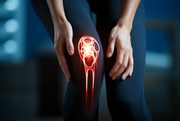 A woman holds her sore knee. Abstract visualization of nerve endings in a joint. Background with selective focus