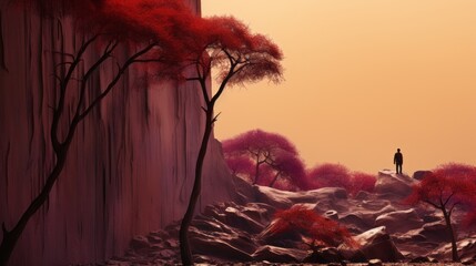 Wall Mural - A vibrant landscape in purple and orange colors, with unusual rock formations. Generative AI. 