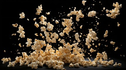 Freeze motion of flying golden caramel popcorn on black background Levitating food