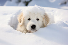 A White Golden Retriever Puppy Frolicking In The Snow, Covered In Snow, Peeking Out From A Hole In The Snow, Snowy Landscape, Cuteness, Playfulness