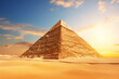 A pyramid, constructed from large stone blocks and partially covered in sand, stands tall against the backdrop of a stunning sunrise, sandy desert, ancient civilization