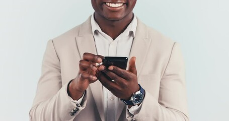 Poster - hands, phone and business man typing on internet, social media and reading email notification. close