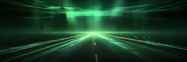 Wall Mural - Green Light Trails with Motion Effect. High Speed Light Effect. Long Exposure