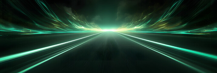 Wall Mural - Green Light Trails with Motion Effect. High Speed Light Effect. Long Exposure