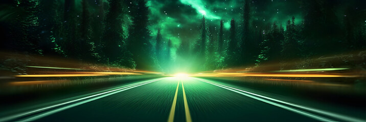 Wall Mural - Green Light Trails with Motion Effect. High Speed Light Effect. Long Exposure