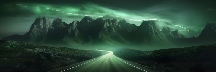 Wall Mural - Green Light Trails with Motion Effect. High Speed Light Effect. Long Exposure