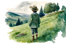 Boy Wearing A Green Hat Watercolor Picture Novel Rolling Hills Of The Countryside A Young Boy Named JackJack Was A Curious And Adventurous Boy Walking In Meadow 