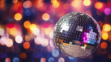 Wall Mural - disco ball sphere with colorful disco lights at a party. abstract wallpaper background. 16:9, 4k. ge