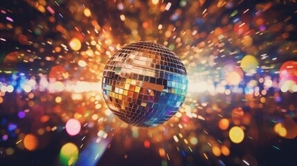 Wall Mural - disco ball sphere with colorful disco lights at a party. abstract wallpaper background. 16:9, 4k. ge