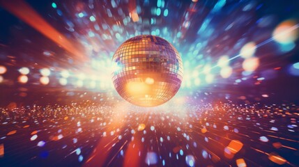 Wall Mural - disco ball sphere with colorful disco lights at a party. abstract wallpaper background. 16:9, 4k. ge