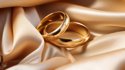 Wall Mural - close up wedding rings on beige silk