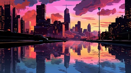 Wall Mural - Nighttime cityscape reflection. Fantasy concept , Illustration painting.