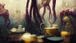A Singaporean still life with many many hanging wisteria in the back a Chinoiserie Wall Mural in front Cthulu tea set little eldritch wires and tentacles connect everything elaborate details wide 