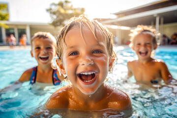 Wall Mural - Joyful young children, sharing smiles, water splashes and laughter as they swim together in a public swimming pool, showcasing fun and friendship