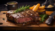 Australian beef steak on wood dish with black background in studio light. Food concept. Generative AI