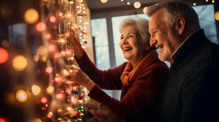 Wall Mural - elderly couple putting up christmas lights