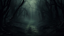 A Scary Dark And Moody Forest Pathway Covered In Mist