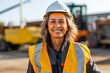 Portrait of a proud middle aged woman working on a construction site, wearing construction hard hat and work vest