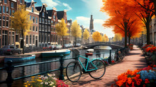Illustration Of Amsterdam Canals With Bicycles And Colorful Houses