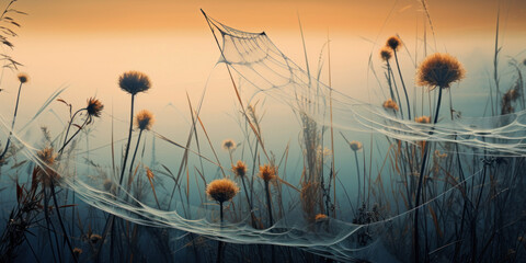 Wall Mural - Spider webs in field wild grasses with dew on sunset background. Halloween backdrop