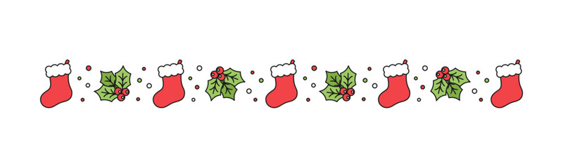 Wall Mural - Christmas themed decorative border and text divider, Christmas Stocking and Mistletoe Pattern. Vector Illustration.