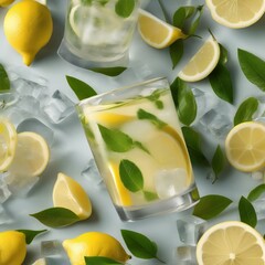 Wall Mural - A glass of freshly squeezed lemonade with ice cubes and a slice of lemon2
