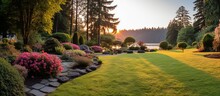 Park Outdoor Manicured Lawn And Flowerbed At Sunrise View