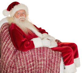 Sticker - Digital png photo of happy santa sitting on armchair and looking on camera on transparent background