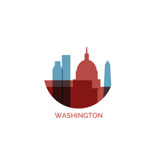 USA United States Washington DC Cityscape Skyline City Panorama Vector Flat Modern Logo Icon. US Capital District Of Columbia Emblem Idea With Landmarks And Building Silhouette