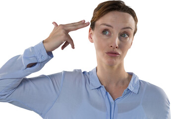 Poster - Digital png photo of confused caucasian businesswoman with fingers to head on transparent background