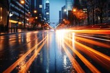 Fototapeta  - Street scene with blurry traffic, glowing car light dots, minimalist abstracts. Generative AI.