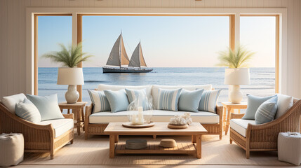 Wall Mural - A bright open room with sailing boats floating on the sea outside